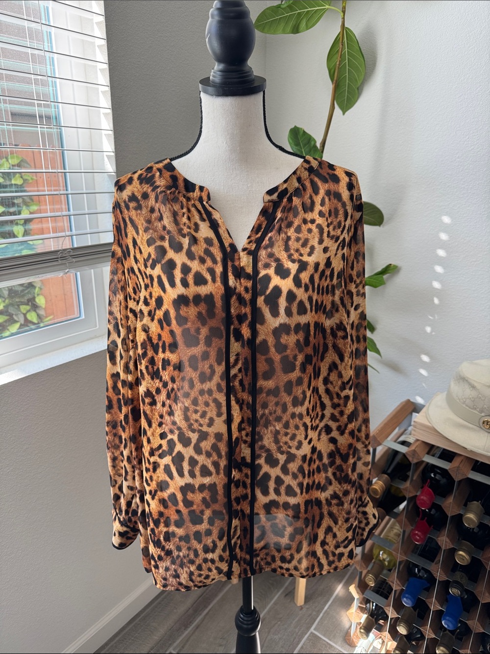 Liz Claiborne Leopard Print Sheer Blouse in Brown and Black - Picture 2 of 10